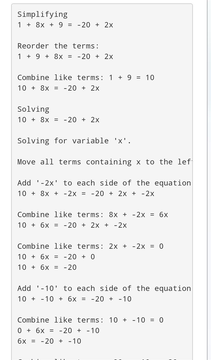 I need help solving this 1+8x+9=-20+2x-example-1