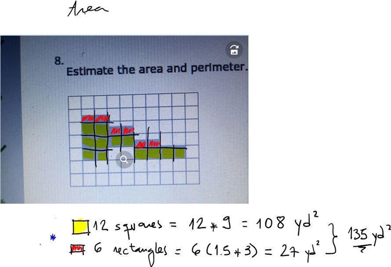 Estimate the area and perimeter. Each square represents 9 yd^2.-example-2