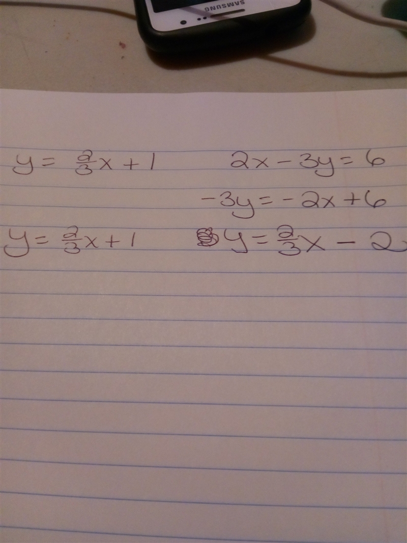 Are y=2/3x+1 and 2x -3y=6 parallel-example-1