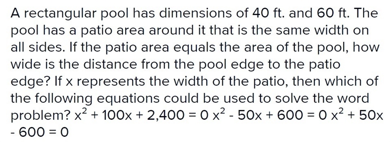 A rectangular pool has dimensions of 40 ft. and 60 ft. The pool has a patio area around-example-1