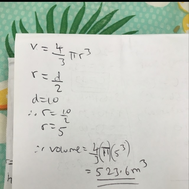 What is the volume of a sphere that has a 10 m diameter? (Use π ≈ 3.14.) Please help-example-1