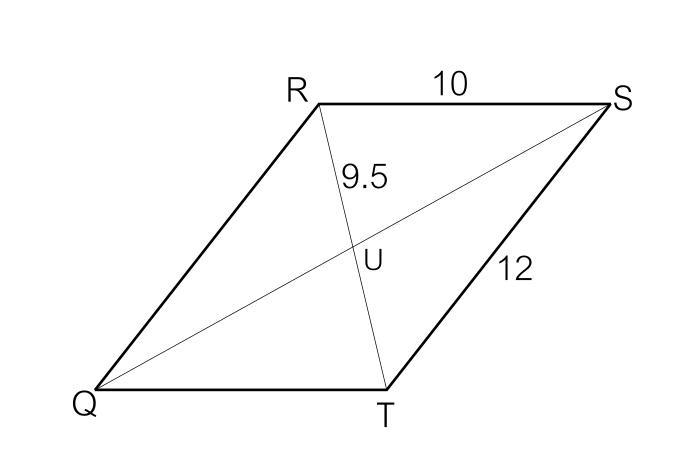 The diagonals of parallelogram QRST, TR and QS, intersect at point U. If RS = 10, ST-example-1