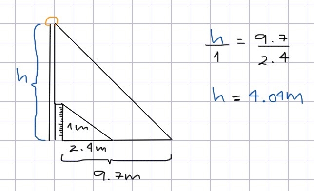 A meter stick casts a shadow 2.4 m long at the same time a flagpole casts a shadow-example-1