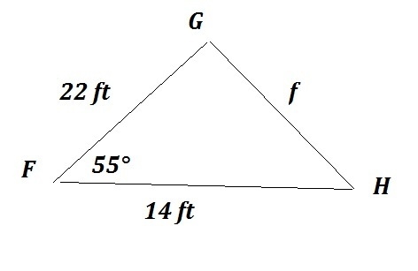 Use the Law of Cosines to find the missing angle. In FGH, g = 14 ft, h = 22 ft, and-example-1