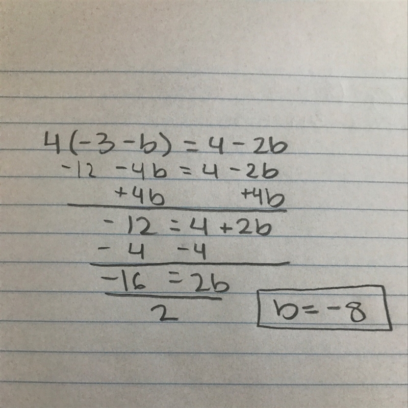 Solve for b 4 (-3 - b) = 4 - 2b-example-1