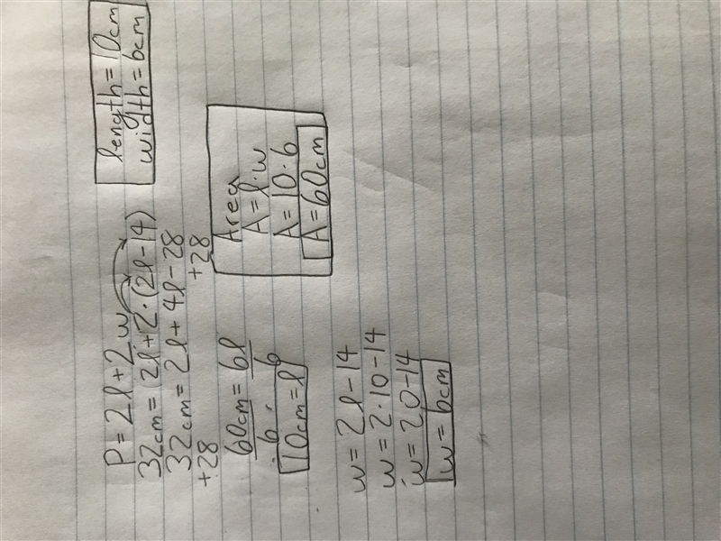 The width of a rectangle is 14 less than twice the length. The perimeter is 32cm. What-example-1