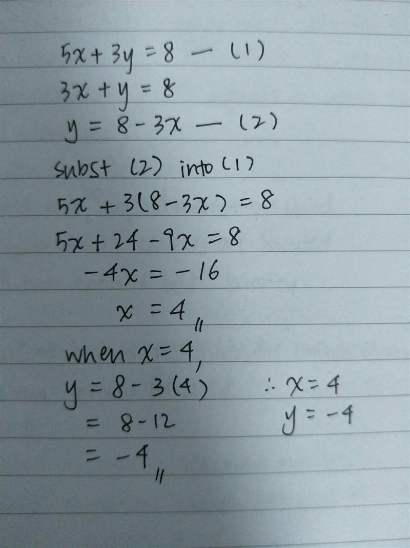 Solve the system by substitution 5x+3y=8 3x+y=8-example-1