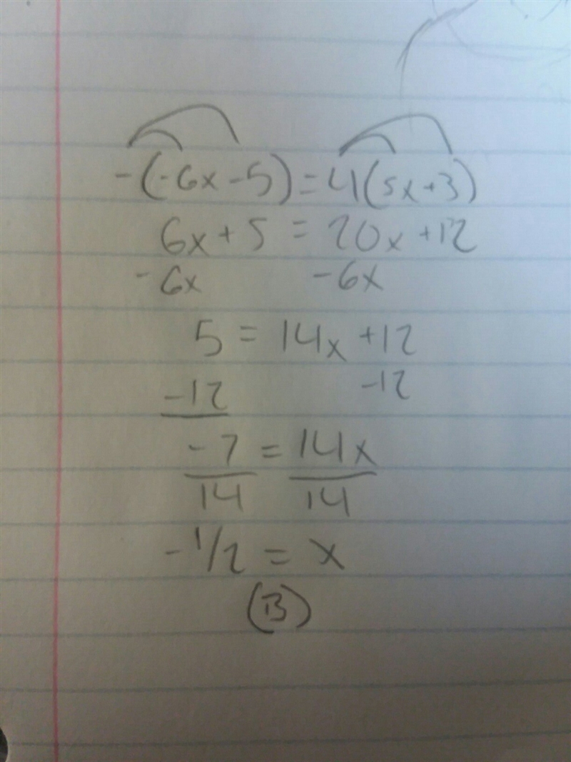 SOMEONE PLEASE HELP HURRY (show work pls -(-6x-5)=4(5x+3) (a)-2 (b)-1/2 (c)1/2 (d-example-1