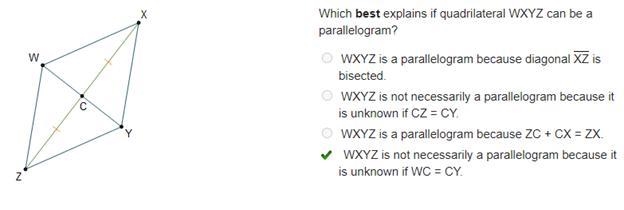 What best explains if quadrilateral WXYZ can be a parallelogram-example-1