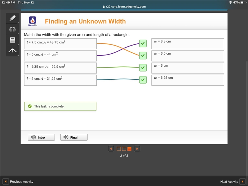 Match the width with the given area and length of a rectangle-example-1