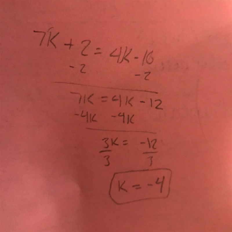 What is the solution of 7k+2=4k-10?-example-1