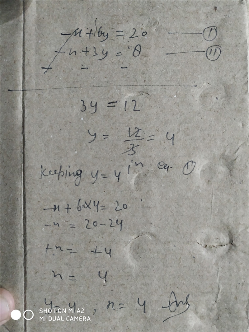 Use the gauss Jordan elimination to solve the following linear system -x+6y=20 -x-example-1