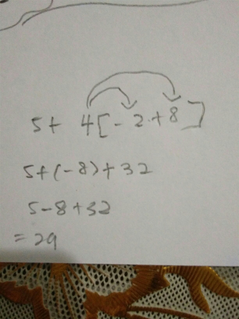 Can someone please help me evaluate this expression that has absolute value ? 5+4[-2+8]-example-1