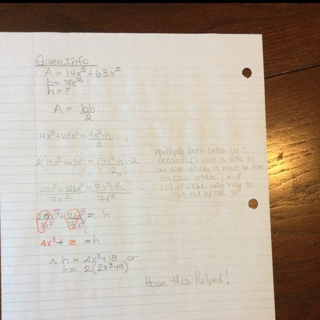 The area of a triangle can be represented by the expression 14x^5+63x^2. If the base-example-1