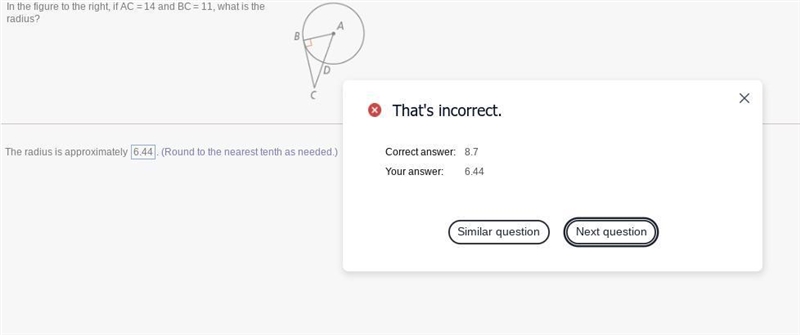 In the figure to the right, if ac=14 and bc=11 what is radius?-example-1