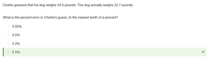 Charlie guesses that his dog weighs 34.5 pounds. The dog actually weighs 32.7 pounds-example-1