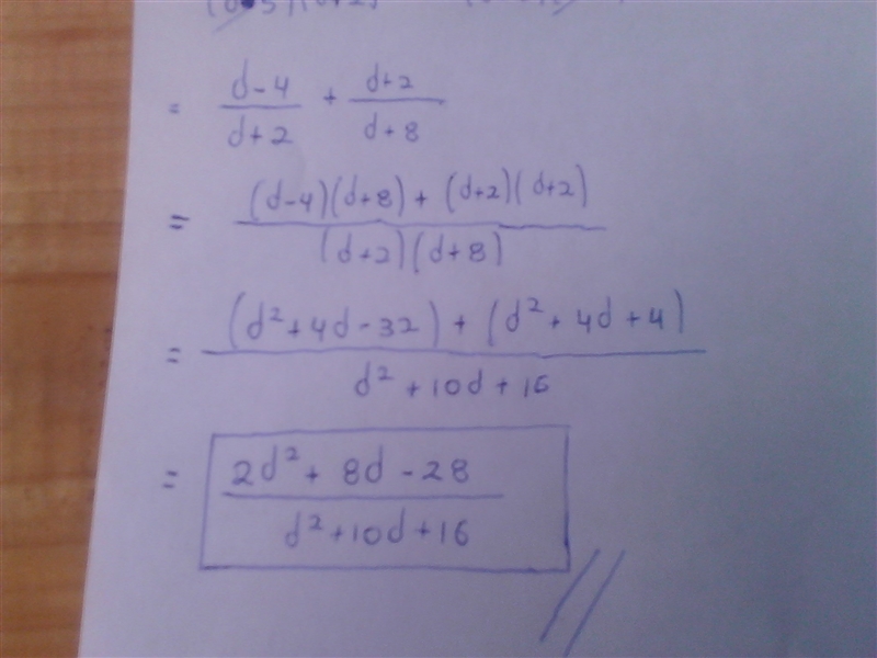 Simplify the sum. d^2-9d+20/d^2-3d-10 plus d^2-2d-8/d^2+4d-32-example-1