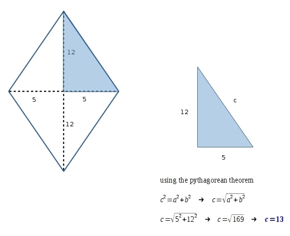 Find the perimeter of a rhombus the length of whose diagonals are 10 cm and 24 m.-example-1