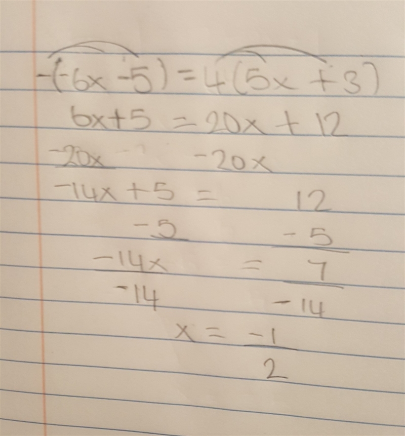 SOMEONE PLEASE HELP HURRY (show work pls -(-6x-5)=4(5x+3) (a)-2 (b)-1/2 (c)1/2 (d-example-1