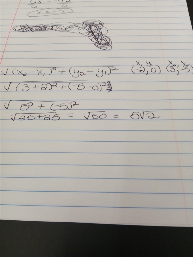 Distance formula of (-2,0) and (3,-5) I have no clue how to do this so could you please-example-1