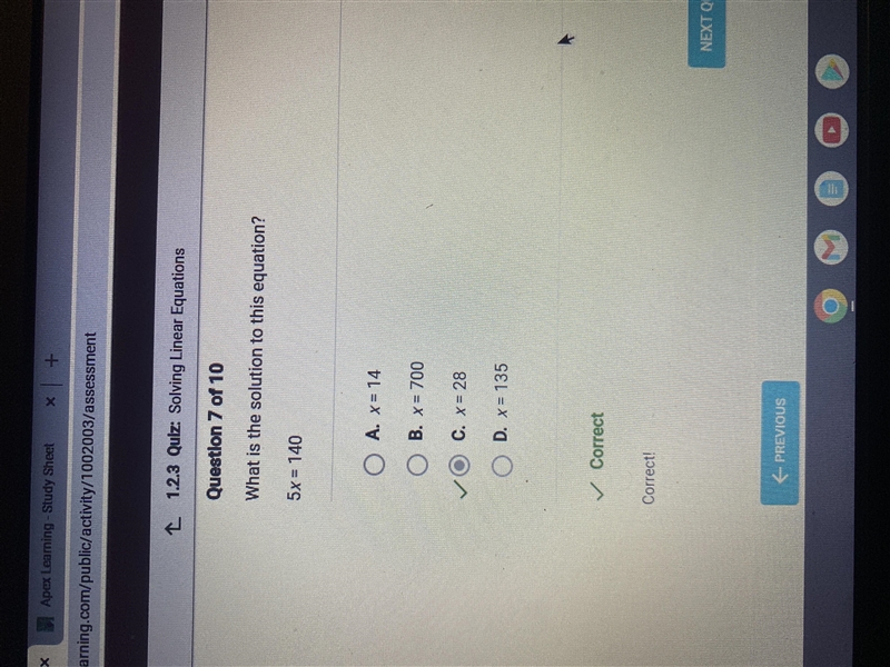 Please help! What is the solution to this equation? 5x = 140 A. x = 700 B. x = 28 C-example-1