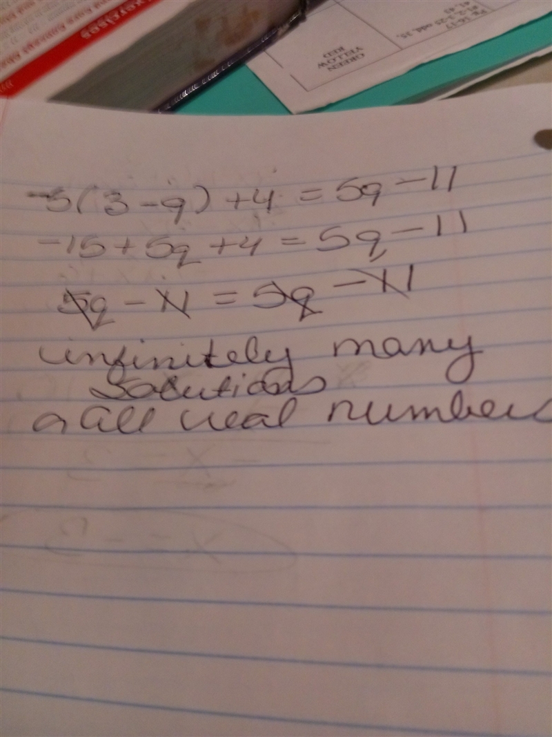 Another math problem -5(3-q)+4=5q-11-example-1