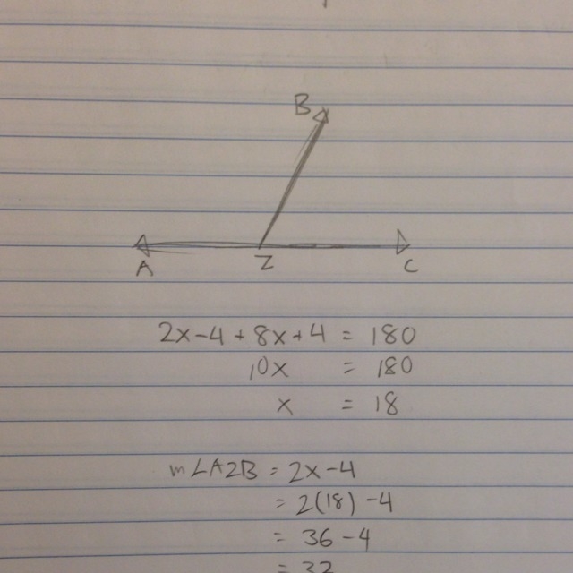 ∠AZB and ∠CZB are supplementary. The m∠AZB = 2x - 4 and m∠CZB = 8x + 4. What is the-example-1