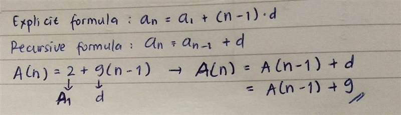 An arithmetic sequence is represented by the explicit formula A(n) = 2 + 9(n - 1). What-example-1