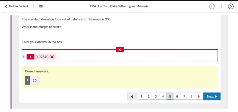 The standard deviation for a set of data is 7.5. The mean is 235. What is the margin-example-1