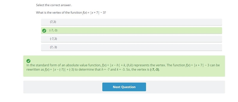 What is the vertex of the function f(x)=|x-3|-7-example-1