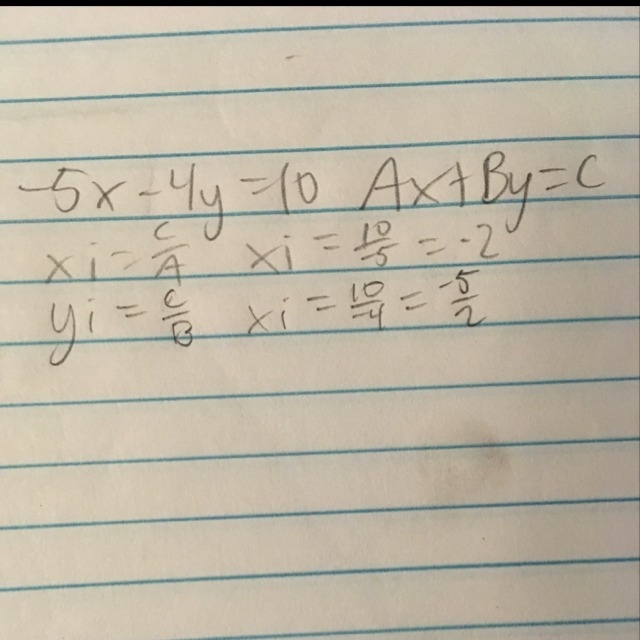 −5x−4y=10 what is the y and x intercept-example-1