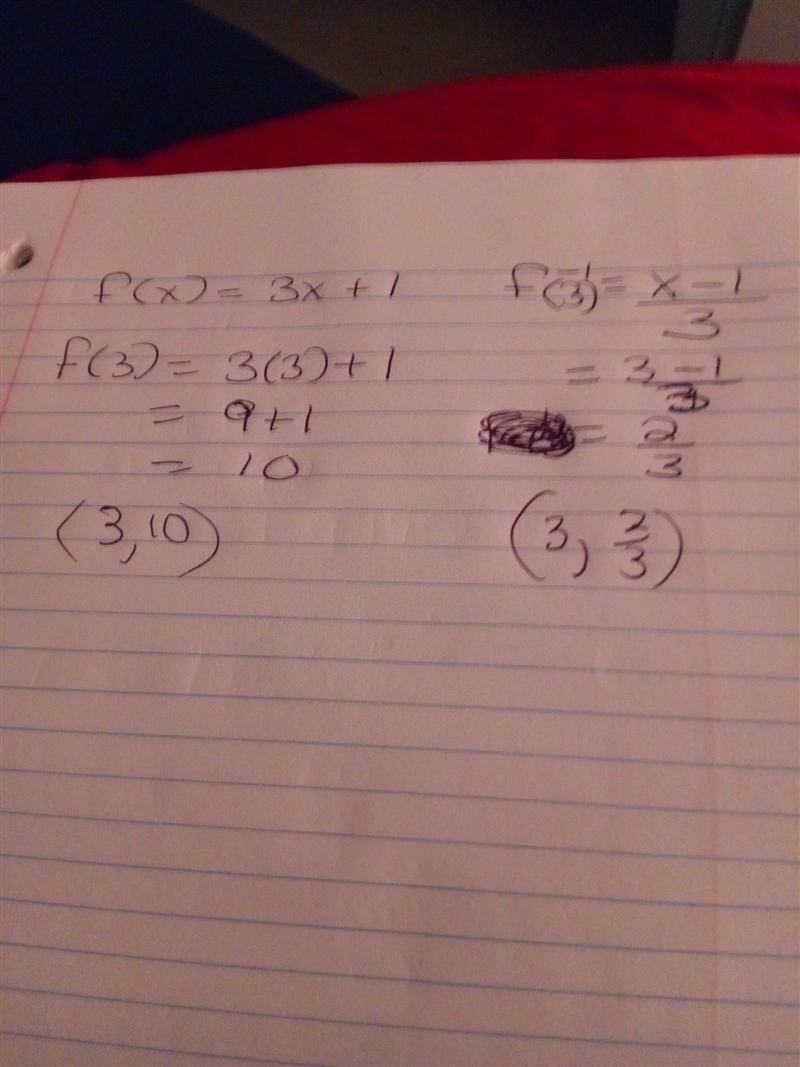 If f(x)=3x+1 and f ^-1=x-1/3 then the ordered pair of f(3)-example-1