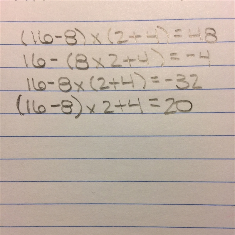 Which expression has a value of 40? (16-8)x(2+4) 16-(8x2+4) 16-8x(2+4) (16-8)x2+4-example-1