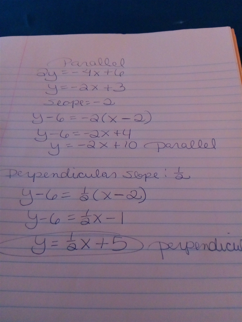 Write the line in slope-intercept form, that is (a) parallel and (B) perpendicular-example-1