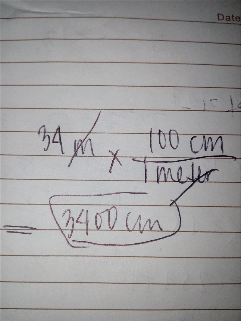 Two unit multipliers to convert 34 meters to centimeters-example-1