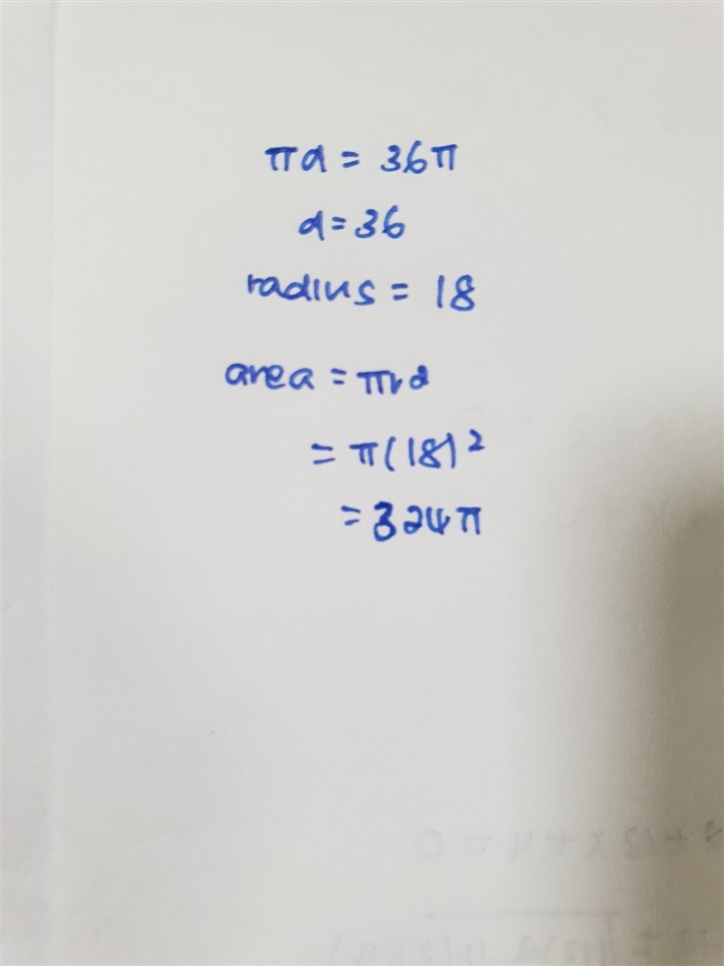 A rug in the shape of a circle has a circumference of 36π. what is the area of the-example-1