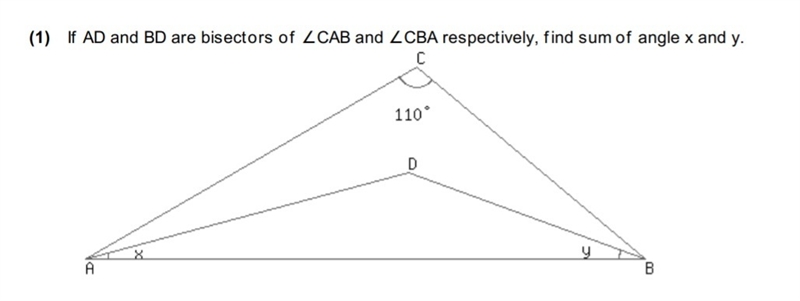 If AD and BD are bisectors of CAB and CBA respectively. Find the sum of angles x and-example-1