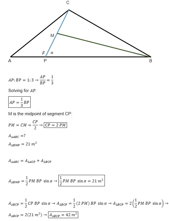 In △ABC, point P∈ AB is so that AP:BP=1:3 and point M is the midpoint of segment CP-example-1