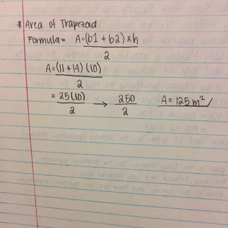 The bases of a trapezoid are 11 meters and 14 meters. It’s height is 10 meters. What-example-1