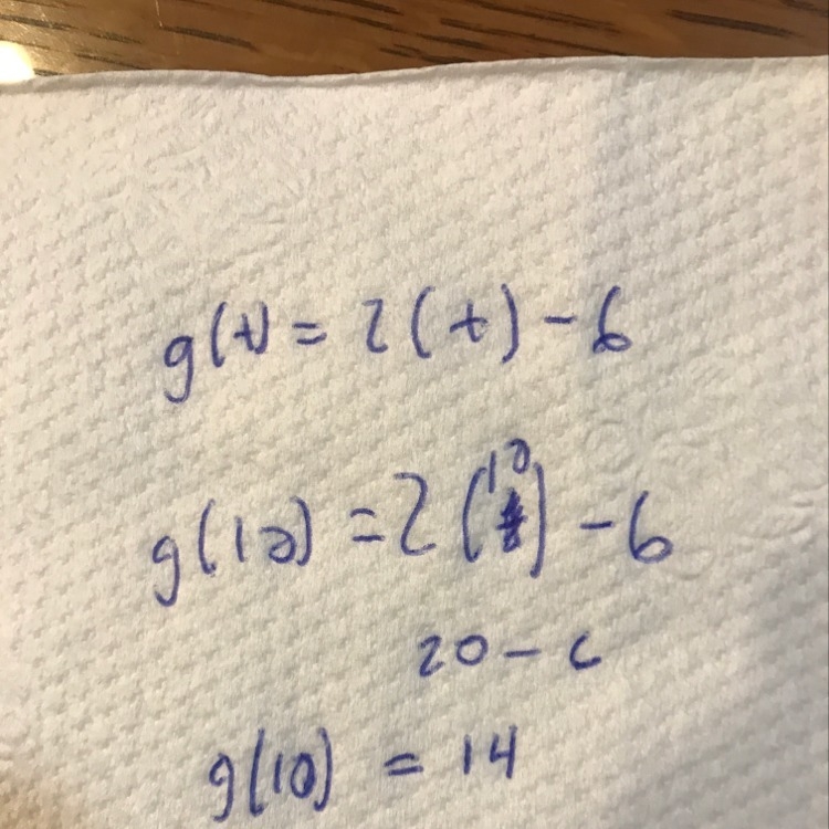 If g(t) = 2(t)-6, find g(10)-example-1