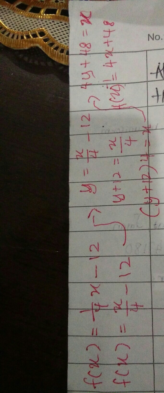 What is he inverse of the function f(x) =1/4x-12 A. h(x)=48x-4 B. h(x)=48x+4 C. h-example-1