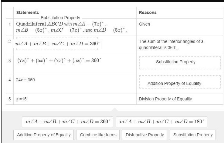 Drag a statement or reason to each box to complete this proof. Given: Quadrilateral-example-1