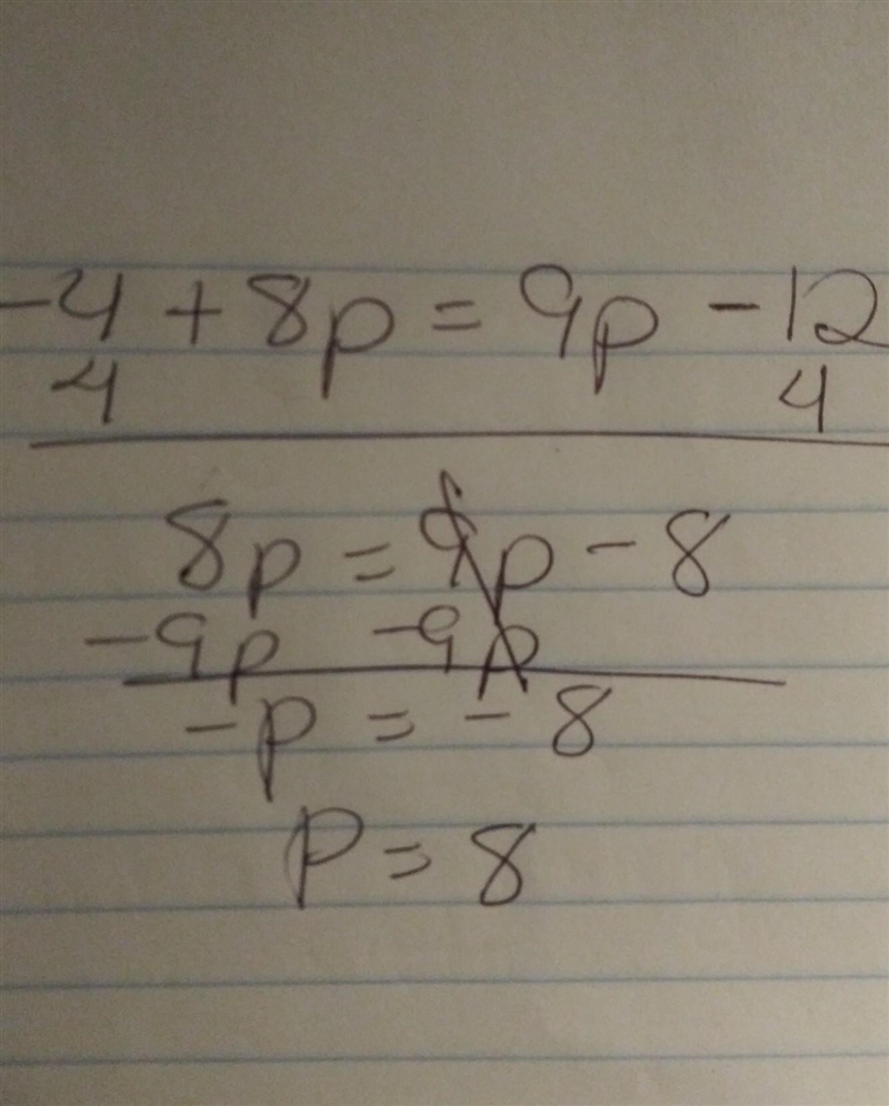 Anyone know how to solve 4(−1+2p)=3(3p−4)?-example-1