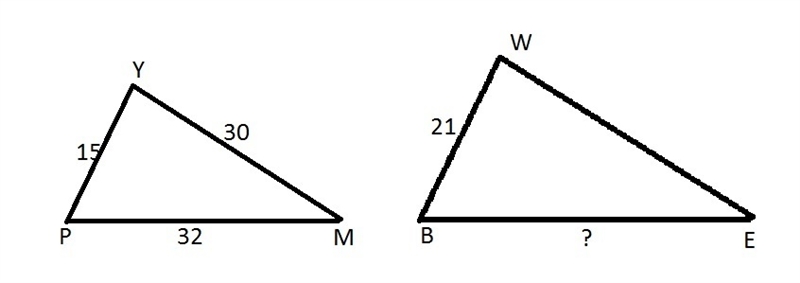 △YPM∼△WBE△YPM∼△WBE What is BE ? Enter your answer, as a decimal, in the box. in. Triangle-example-1