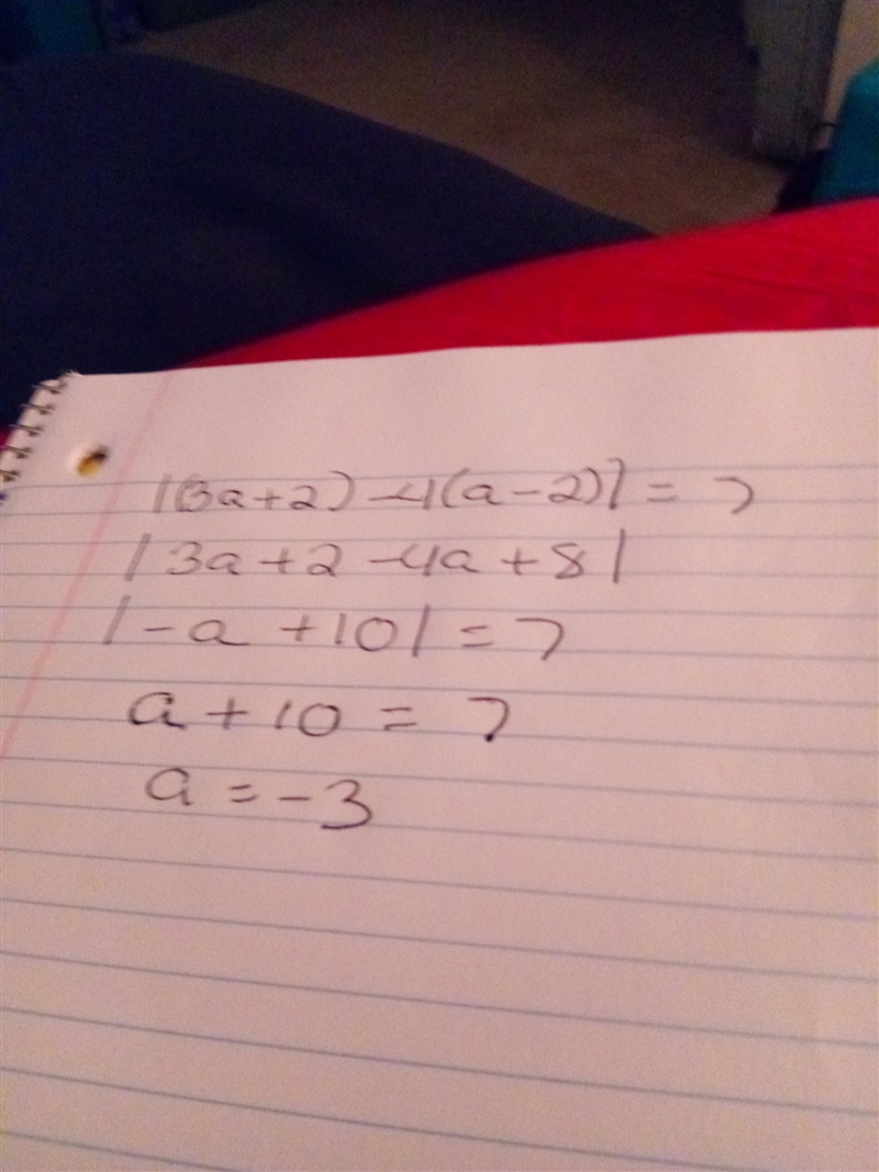 |(3a+2)-4(a-2)|=7 what is one possible value for a A) -13 B)-3 C)1 D)17-example-1