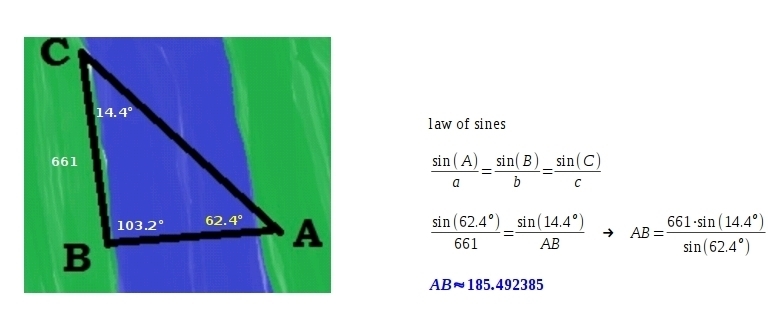 You need to find the distance across a river, so you make a triangle. BC is 661 feet-example-1