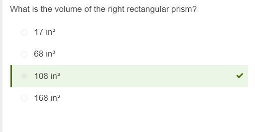 What is the value of the right rectangular prism A. 17 in B.68 in C.108 in D. 168 in-example-1