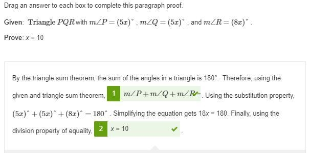 Given: Triangle PQR with m∠P=(5x)° , m∠Q=(5x)° , and m∠R=(8x)° . Prove: x = 10 By-example-1