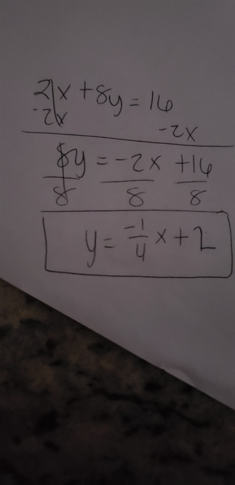 What is the relationship between the lines with the following equations? 2x+8y=16 y-example-1