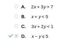 Which inequality's graph will have a solid boundary line? A. 2x + 3y > 7 B. x + y-example-1